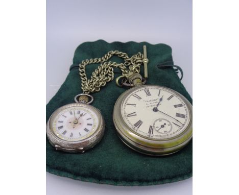 LADY'S VINTAGE SILVER CASED FOB WATCH and a base metal gent's pocket watch with Albert chain, the former stamped '935', the o