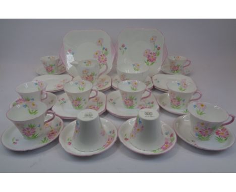SHELLEY BONE CHINA PART TEA SERVICE - 34 pieces, hand painted floral with pink highlighting