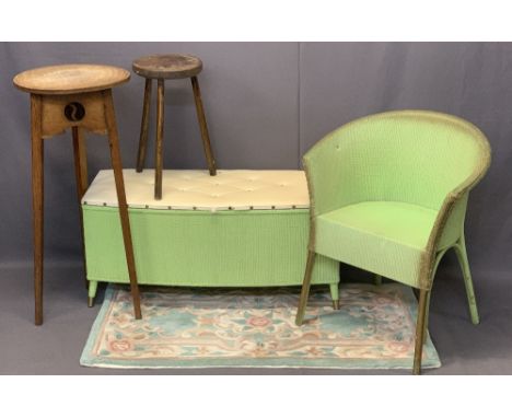 VINTAGE FURNITURE PARCEL, 4 ITEMS and a small washed woollen Chinese rug including a Lloyd Loom style armchair and blanket ch
