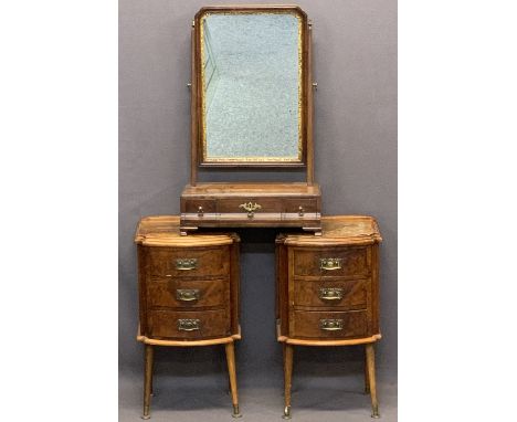 ANTIQUE STYLE WALNUT DRESSING MIRROR and two bedside chests, the mirror with swing action, brass mounted supports and three l