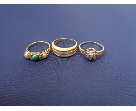 9CT &amp; 14CT GOLD DRESS RINGS (3) - a twisted mount example with a floral cluster of tiny diamonds, size N, seed pearl, dia