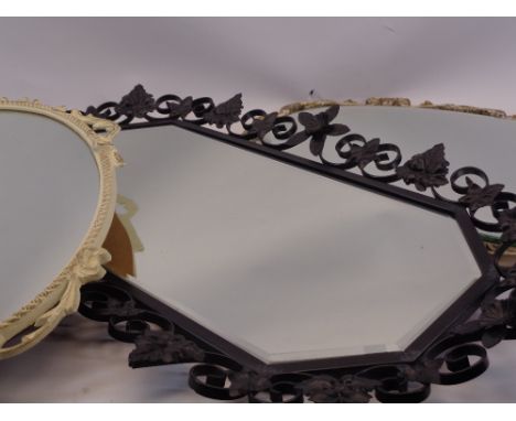VINTAGE WALL MIRRORS (3) - to include a gilt framed example, French style painted metal and a wrought iron wall example in bl