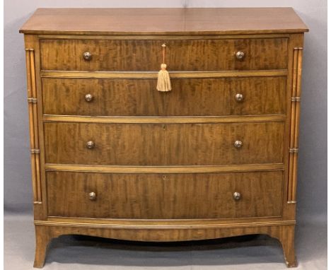 MAHOGANY BOW FRONTED CHEST - four long drawers with multi-pillar side detail on splayed corner bracket feet, 100cms H, 110cms