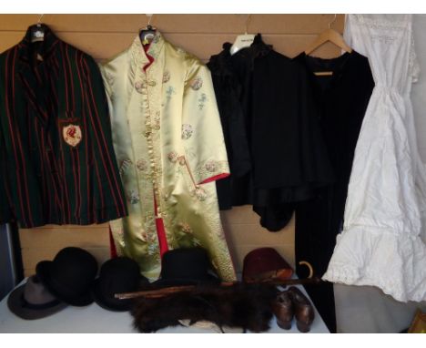 VINTAGE LADY'S &amp; GENT'S CLOTHING - to include a green and red striped blazer, embroidered silk lady's jacket, bowler hats