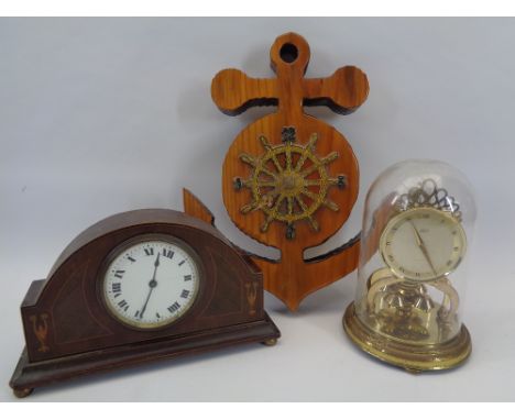 VINTAGE &amp; LATER CLOCKS (3) - includes an inlaid mahogany Edwardian example, ship's wheel on anchor wall clock and a brass