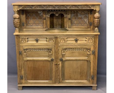 QUALITY LIGHT OAK JACOBEAN STYLE BUFFET SIDEBOARD, 133.5cms H, 126cms W, 48cms D