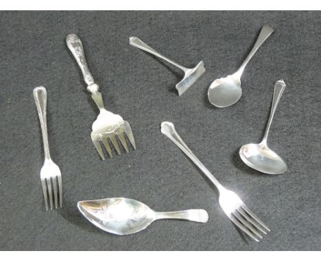 SILVER CUTLERY - a parcel to include a Georgian silver caddy spoon with pokerwork pattern into the shaped bowl, London 1804, 