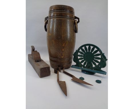 OAK EFFECT BARREL STICKSTAND, cast iron book rest, vintage block plain and a pair of sheep shearers