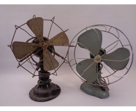 VINTAGE DESK FANS (2) - one black marked 'Revo', the other in a hammarite type blue marked 'Frost', 48 and 43cm heights respe