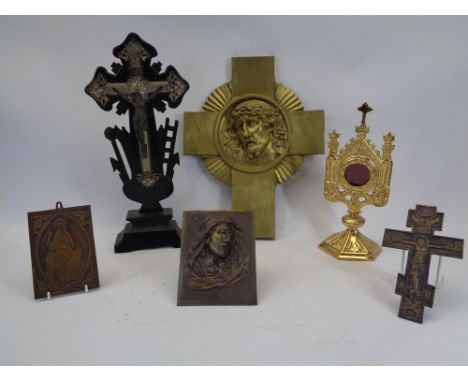 MIXED ECCLESIASTICAL TYPE METALWARE and a carved bog oak type cross, metalware includes a gilt brass display stand, brass cro