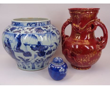 CHINESE BLUE &amp; WHITE MING STYLE LARGE WINE JAR/JARDINIERE and a small Prunus decorated jar and cover, 30 and 12cm heights