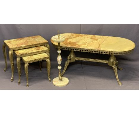 ONYX &amp; BRASS OCCASIONAL FURNITURE SUITE - oval top coffee table with pierced lower frieze on four figural bust supports, 