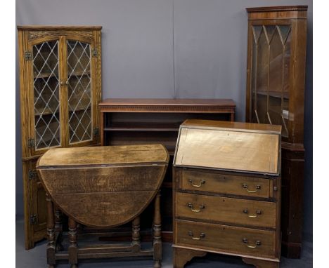 VINTAGE &amp; LATER FURNITURE PARCEL, 5 ITEMS - an oak standing corner cupboard with leaded glass to the upper doors, 167cms 