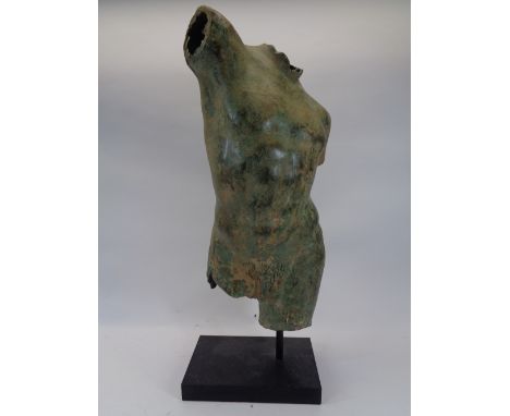 REPRODUCTION BRONZE ANTIQUITIES STYLE TORSO - mounted on a rectangular base, 71cms H