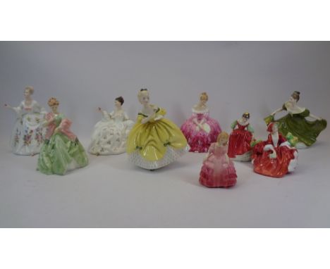 ROYAL DOULTON LADY FIGURINES (8) and one Royal Worcester titled 'First Dance 3629', the Doulton's include Lydia HN1908, Rose 