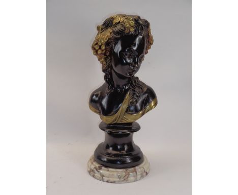 REPRODUCTION BRONZE &amp; GILT HIGHLIGHTED BUST - a young maiden with fruit and vines in her hair on a socle base and circula