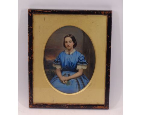 OIL PAINTED PHOTOGRAPHIC NEGATIVE GLASS PLATE - portrait study of a demure young woman in a blue dress behind an oval format 