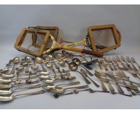VINTAGE TENNIS/BADMINTON RACQUETS and a quantity of EPNS cutlery, loose