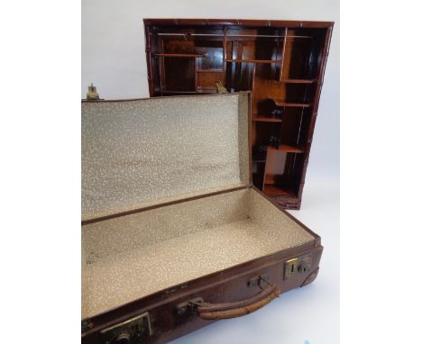 CHINESE HARDWOOD WALL HANGING DISPLAY RACK &amp; A VINTAGE SUITCASE, 57.5cms H, 50cms W, 11cms D and 16cms H, 50cms W, 29cms 