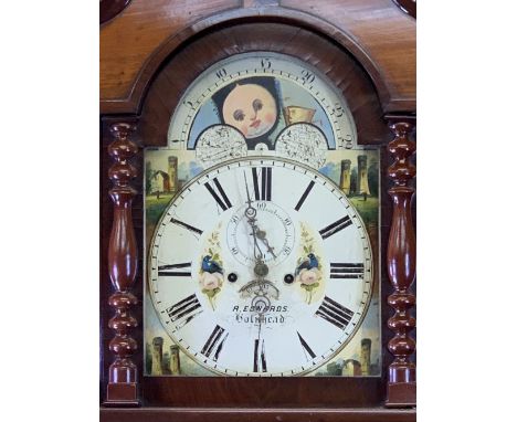 EIGHT DAY LONGCASE CLOCK - Edwards of Holyhead with painted moon over a square dial, mahogany, case with pillared hood and sh