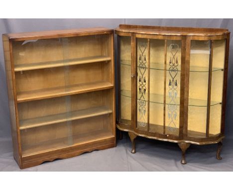 VINTAGE WALNUT CHINA DISPLAY CABINET and a glass fronted teak bookcase, 114cms H, 102cms W, 31cms D and 112cms H, 91.5cms W, 