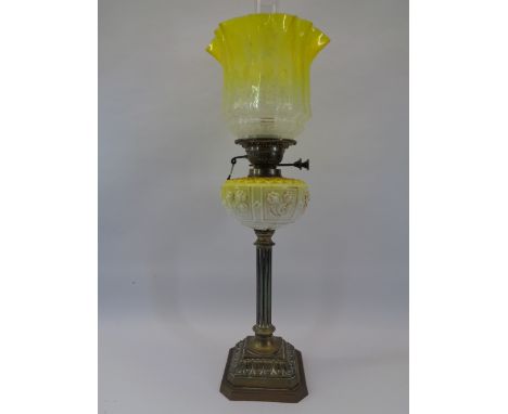 VICTORIAN OIL LAMP &amp; SHADE - brass fluted column on a stepped base with yellow Milk glass font, duplex wick turners and y