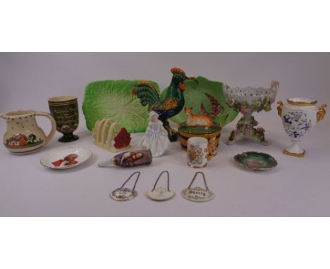 MIXED DECORATIVE POTTERY &amp; PORCELAIN to include Crown Staffordshire drinks labels, Carltonware, Royal Doulton figurine 'D