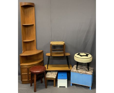 NATHAN &amp; OTHER MID-CENTURY FURNITURE PARCEL - a teak corner stand, 194cms H, 62cms W, five various stools, Lloyd Loom sty