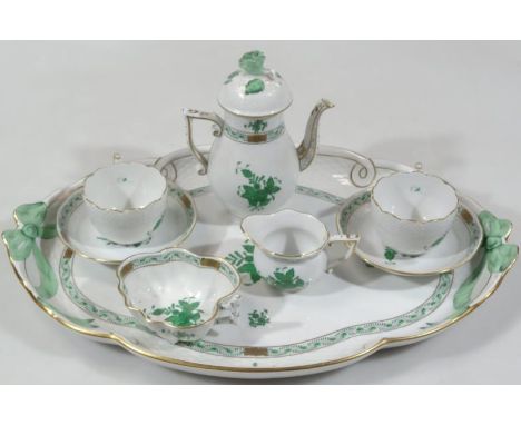 A Herand of Hungary porcelain coffee service, of small proportion, hand painted in green flowers, comprising coffee pot, 17cm