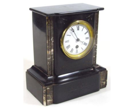 A late 19thC black slate and marble mantel clock, with 10cm dia. Roman numeric dial and key wind movement, 26cm high.