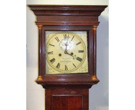 An early 19thC oak longcase clock, the raised 33cm wide square dial signed Pearce, Grantham, with Roman numerals and painted 