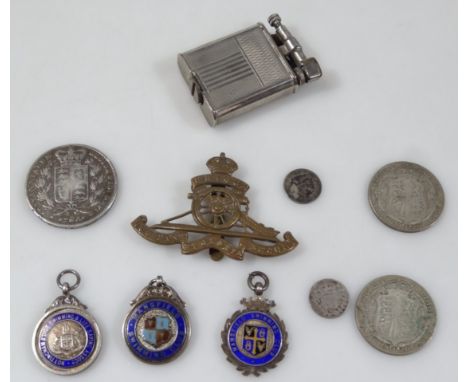 Bygones, collectables, Victorian coin, silver fobs, table lighter, 6cm high, a quantity.