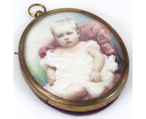 Early 20thC English School. Portrait miniature of an infant, gouache on thin ivory and card backing, unsigned, 7cm x 5.5cm.