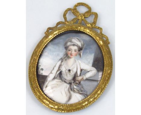 After Sir Joshua Reynolds. Sister of Mr. Bunbury, gouache, portrait miniature, full profile, unsigned, attributed to Me verso