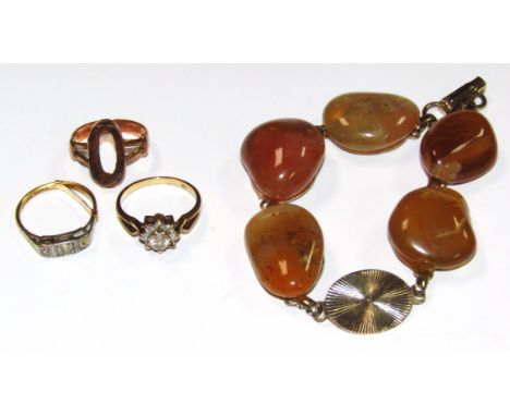 A ladies dress ring, set with three small white stones, scrap ring, floral set example, size N, and a bracelet. (4)