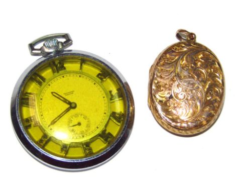 An early 20thC locket, engraved and raised with scrolls with plain hook top, unmarked 4cm high, and an Enicar chronometer in 