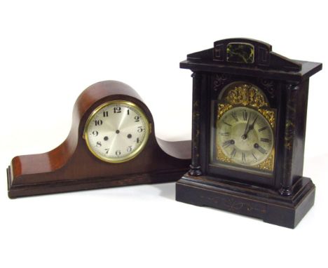 An early 20thC Napoleon hat mantel clock, 44cm wide, and a bracket clock with arched back plate, 18cm dia. Roman numeric dial
