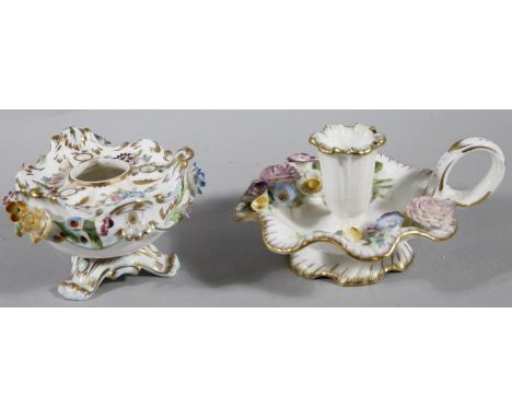 A Coalbrookdale ink stand, by Coalport, number PH7, of shaped circular outline with floral scroll and encrusted flowerheads, 