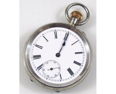 An early 20thC open faced pocket watch, with 4cm dia. Roman numeric dial, with subsidiary Arabic second hand, part engine tur