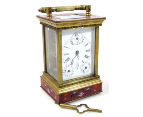 A Champleve style enamel finish carriage clock, with 7cm dia. Roman numeric dial and three further dials, in a five part glaz