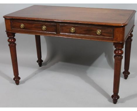 A Victorian mahogany side table, with moulded D-end top raised with two frieze drawers with plate back ring handles, on heavy