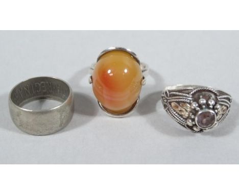 A plain band, marked Regina, dress ring with polished stone marked 925, size M, etc. (3)