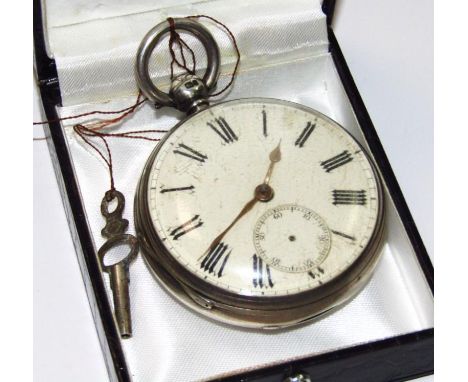 A Victorian silver open faced pocket watch, the 5cm dia. Roman numeric dial with subsidiary Arabic second hand, in a plain ca