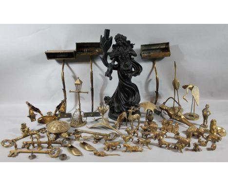 Various brassware and ornaments, etc, floral hanging , 21cm high, light fittings, large key, etc. (a quantity)