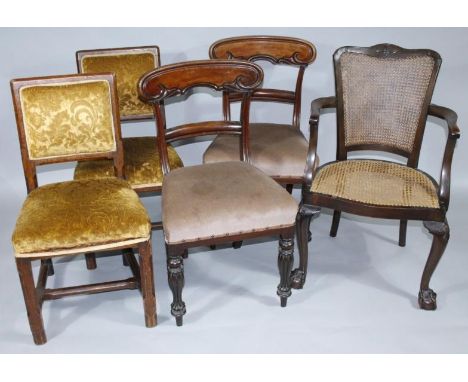 Miscellaneous dining chairs, to include a pair of Victorian examples with heavy comb over hanging tops, curved horizontal spl