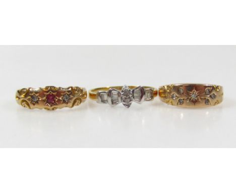 Two antique rings, each set with various stones, and a single diamond ring, Size O. (3)