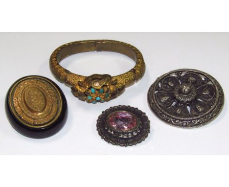 Various late 19thC and other jewellery, to include a jet style mourning brooch, 5cm wide, turquoise set bangle, buckle style 