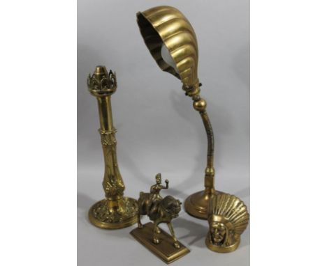 Various brassware, column lamp, 40cm high, shell case adjustable table lamp, Indian car mascot figure, etc. (4).