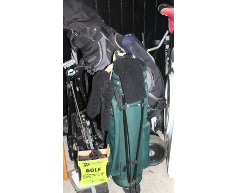 Various modern golf clubs, accessories, caddy car, bag, modern clubs to include, Adams 7 iron, Backstryke putter, various oth
