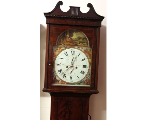 A 19thC Scottish mahogany longcase clock, by A. Kirkwood Paisley, with arched painted dial set with continent spandrels, in a